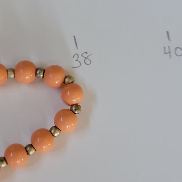 Peach Beaded Necklace with Brass Coin Charms Retro Boho Statement Style Jewelry - Picture 9 of 10